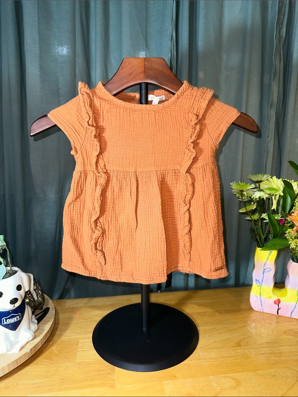 Girls' Cotton Gauze Ruffle mini sleeve shirt - Orange B215